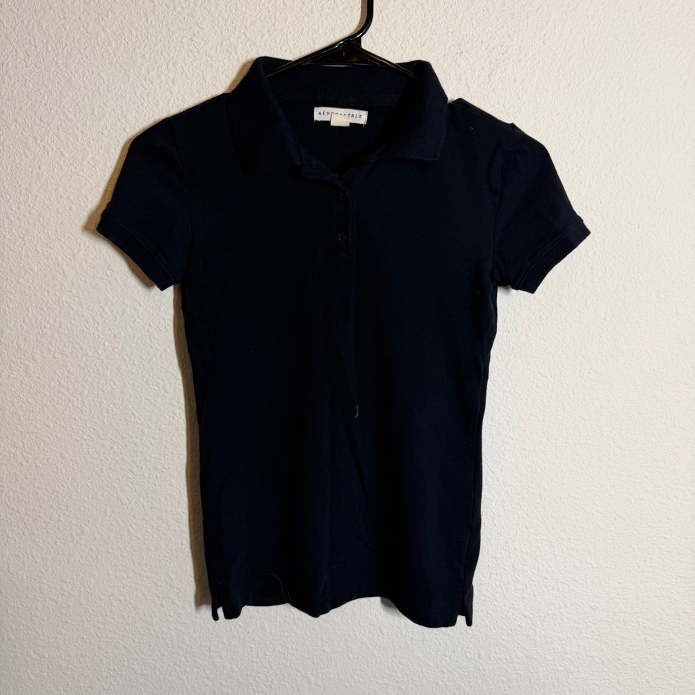 Aeropostale Uniform Pique Polo Shirt Womens Small Black Side Slit Golf Tennis